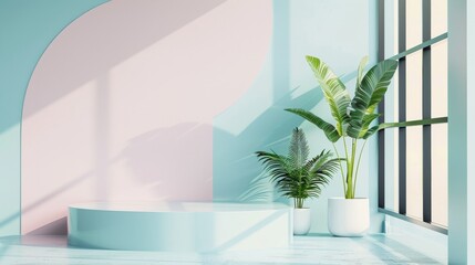 Let your brand shine in a clean and modern setting with our pastel colored blank wall podium perfect for showcasing your products . .