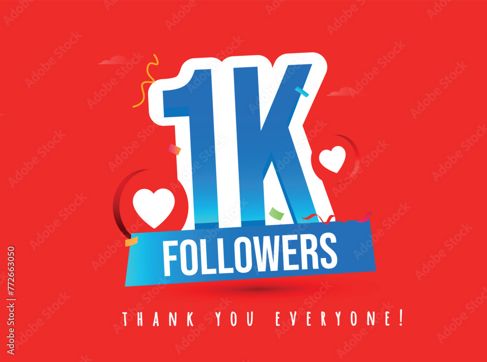 Wall mural 1k subscribers, followers. Thank you for 1k subscribers, followers on social media. 1000 subscribers thank you, celebration banner with heart icons, confetti on dark red background Vector - Wall murals