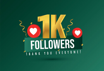 1k followers. Thank you for 1k followers on social media. 1000 followers thank you, celebration banner with heart icons, confetti on dark royal green background.	