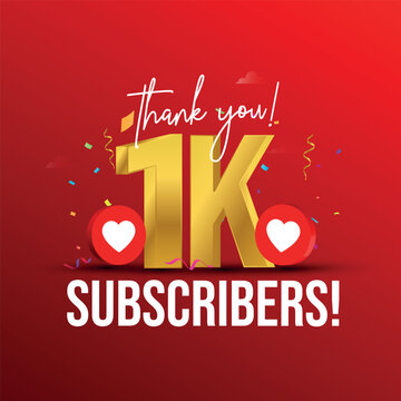 1k subscribers, followers. Thank you for 1k subscribers, followers on social media. 1000 subscribers thank you, celebration banner with heart icons, confetti on dark red background. 