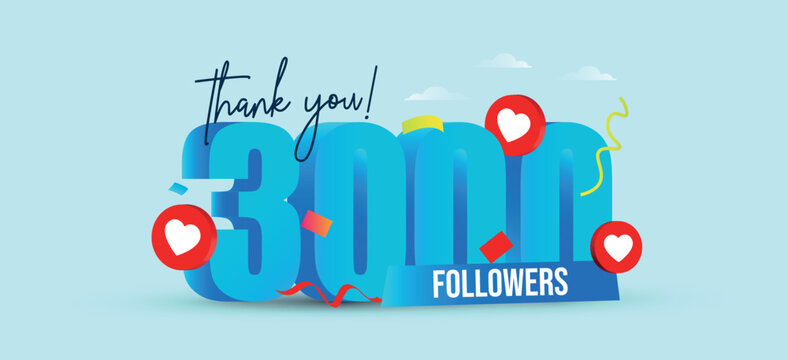 3000 Subscribers. Thank you for 3000 subscribers on social media. 3k followers thank you, celebration banner with heart icons, confetti on colourful aqua background. Celebration on achievement Vector