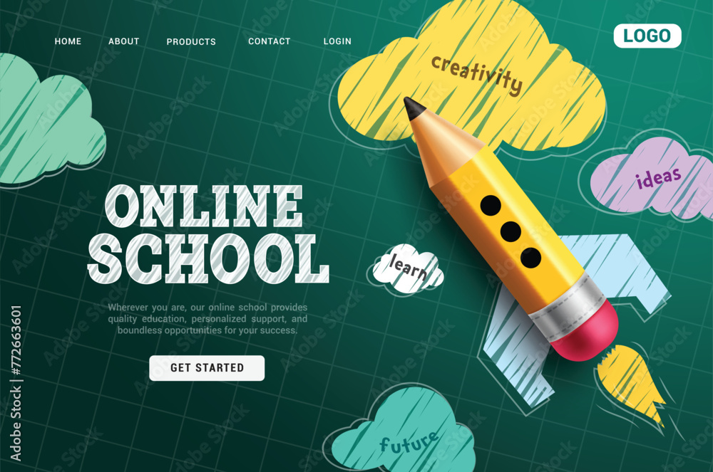 Aufkleber online school vector template design. back to school online tutorials and courses website home page 