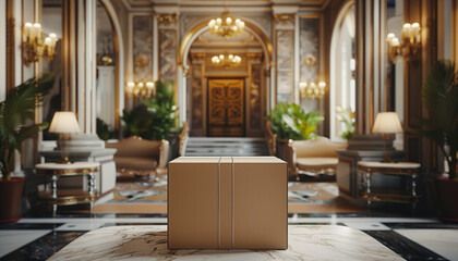 Luxurious hotel lobby interior with elegant furniture and a cardboard box in the foreground - obrazy, fototapety, plakaty
