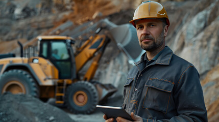 Close-up portrait of a male worker in a safety helmet and uniform holding an electronic tablet in front of a bulldozer in a sand pit - obrazy, fototapety, plakaty