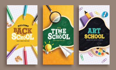 Back to school text vector poster set. Welcome back greeting, invitation and arts school lay out collection with color pencil, magnifying glass and paper clip elements. Vector illustration school  © AmazeinDesign