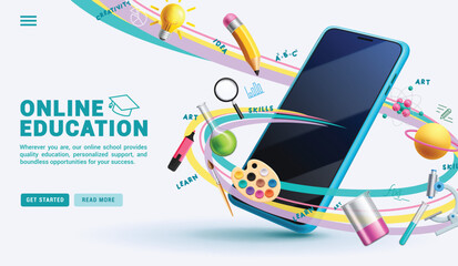 Online education vector design. Back to school with mobile phone application e learning, distance courses and tutorial for website home page educational banner. Vector illustration online school