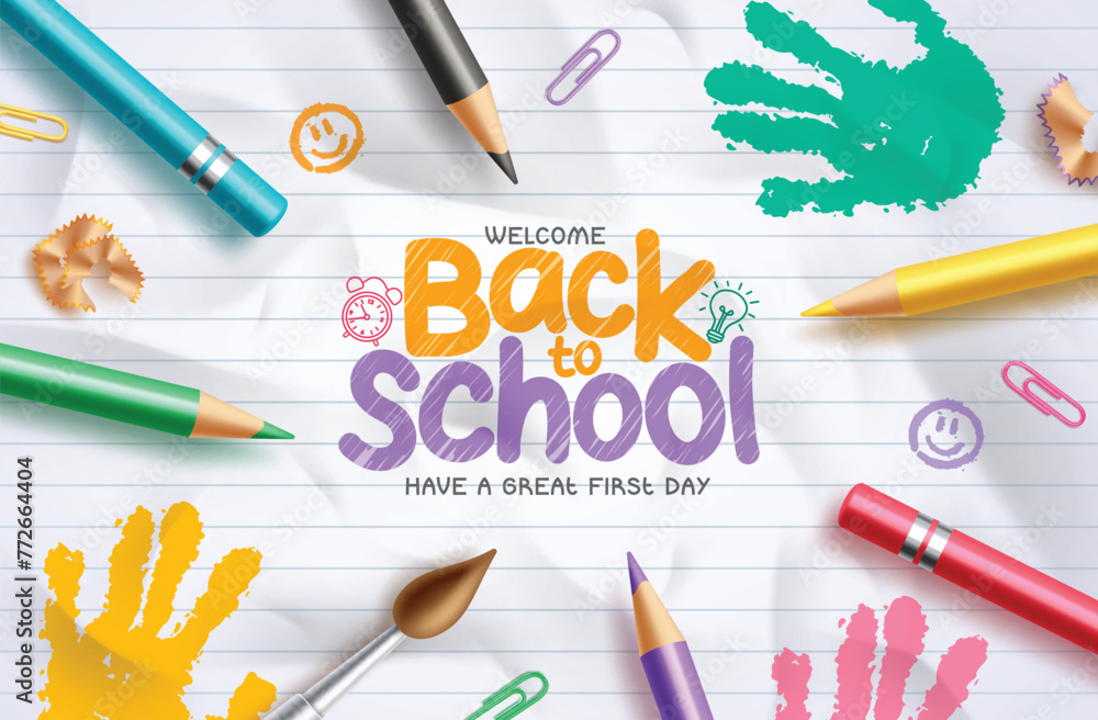 Poster back to school text vector background design. welcome back to school greeting with colorful color pe