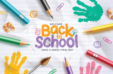 Back to school text vector background design. Welcome back to school greeting with colorful color pencil elements and students hand print pattern in paper background. Vector illustration school 