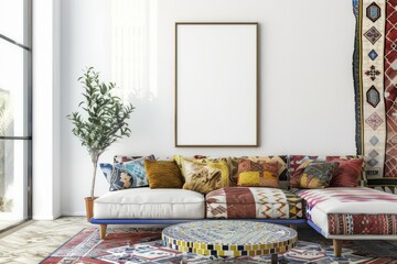 Interior design with couch, coffee table, rug, and picture frame in living room