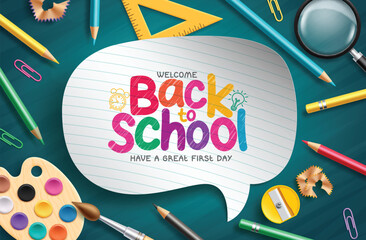 Back to school text vector template. Welcome back to school greeting in paper speech bubble space for typography with color pencil, water color and ruler educational supplies elements. Vector 