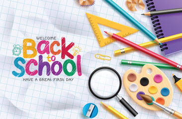 Back to school text vector template design. Welcome back to school greeting in paper space with color pencil, magnifying glass and water color educational elements. Vector illustration school greeting