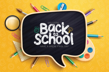 Back to school text vector template design. Welcome back to school greeting in black board space with color pencil, magnifying glass and drawing elements for educational background. Vector 