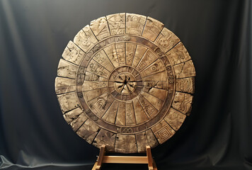 A large wooden Aztec calendar with an ancient sigil, representing the rich cultural heritage and intricate design of the Aztec civilization.