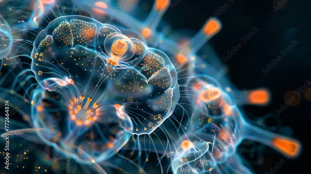 Poster an upclose image of a microscopic protozoan displaying its intricate internal structures under high 