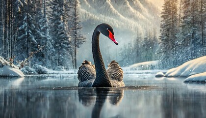 black swan in a lake, winter, snow, cold