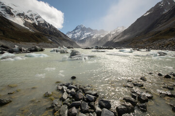 Hooker lake with glaciers and Mount Cook on hooker valley track in New Zealand