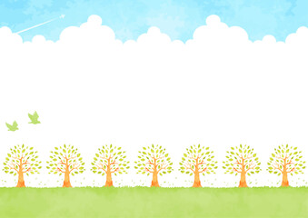 緑の木々と青空の背景イラスト