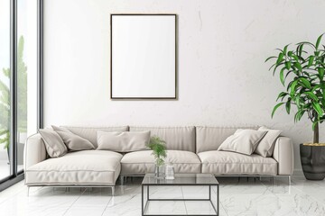 Interior design with a couch, coffee table, and picture frame in living room