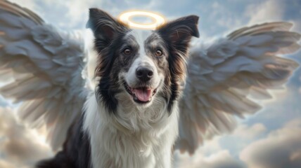 Border collie with angel wings and halo - An engaging image of a border collie with angelic wings and halo against a cloudy sky, expressing happiness