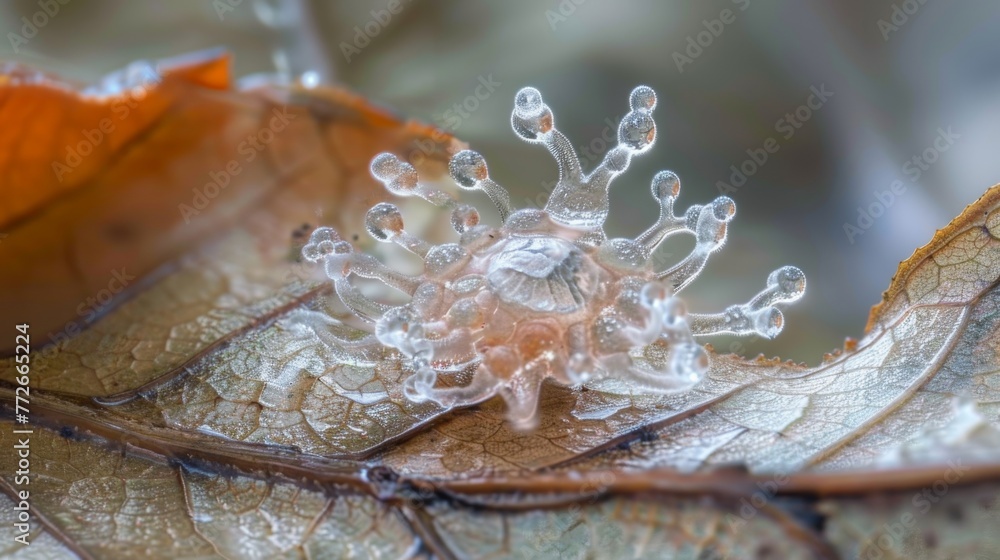 Poster a highresolution image of a conidium spore settled on the surface of a leaf. the spore is surrounded