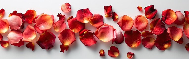 Romantic Rose Petals Composition for Valentine's and Mother's Day on White Background - Top View Flat Lay with Copy Space