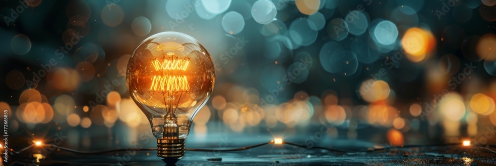 Poster glowing light bulb on bokeh backdrop - an illuminated light bulb stands out against a blurred sparkl