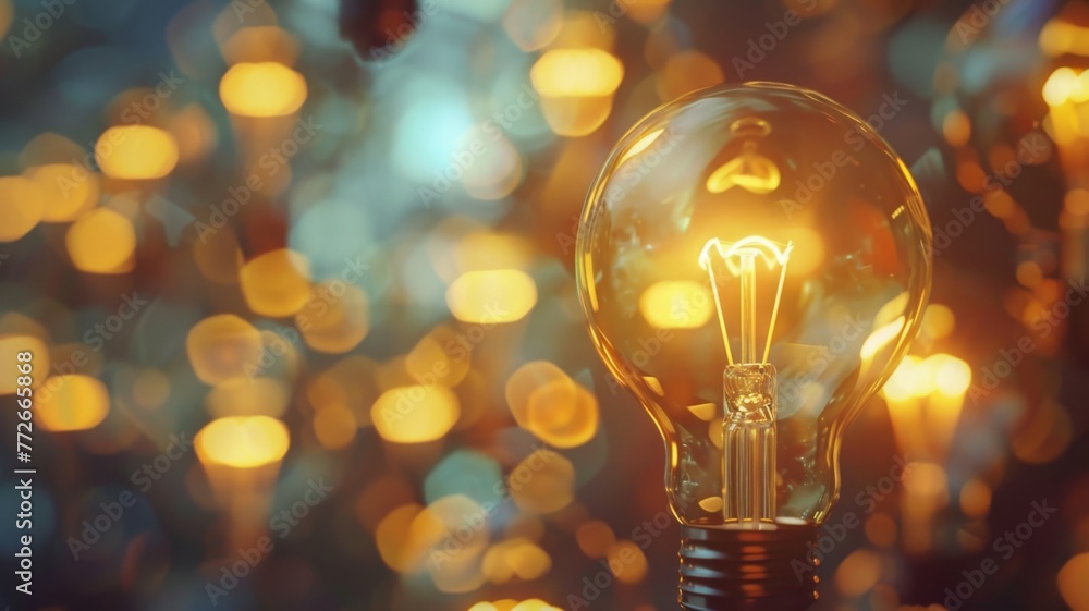 Poster golden light bulb against bokeh background - warm illuminated light bulb glowing softly against an a