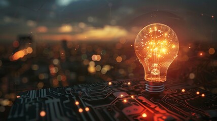 Glowing light bulb with circuit board and cityscape - A brilliant light bulb illuminates over a circuit board with a city skyline backdrop, symbolizing innovation