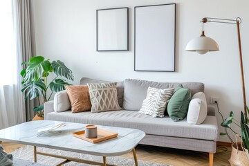 A living room with a couch, table, lamp, and plants for comfort and lighting