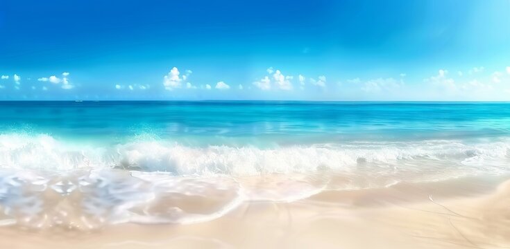 Defocused Beach Background Featuring Tropical Sand and Blue Sea with Glistening Sunlight. Made with Generative AI Technology