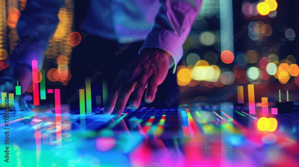 Poster hand pointing to futuristic data interface - close-up of a professional’s hand interacting with a ho
