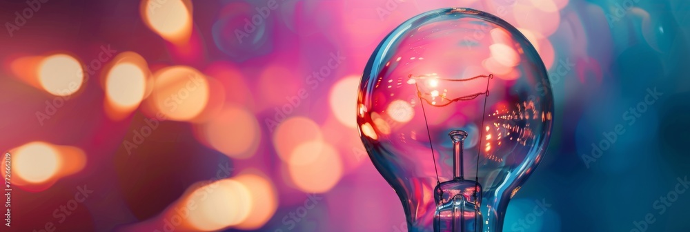 Poster illuminated lightbulb with colorful bokeh - a vibrant image capturing a single lightbulb's filament 