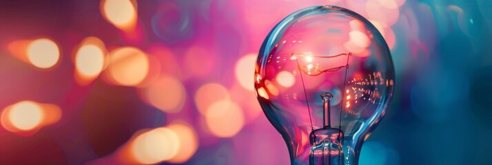 Illuminated lightbulb with colorful bokeh - A vibrant image capturing a single lightbulb's filament against a blur of multicolored lights reflecting ideas and energy