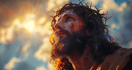 Jesus Christ in a crown of thorns is looking up to heaven