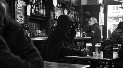 In the far corner a cloaked figure sits alone hood pulled low as they quietly sip ale and listen to the lively conversations . . - obrazy, fototapety, plakaty