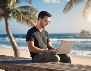 Digital nomad working on his laptop on a tropical beach resort.
