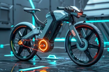 Electric Bicycles  Bikes with an electric motor for assistance, futuristic background - obrazy, fototapety, plakaty