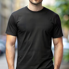 Blank black men's t-shirt mockup with blurry background