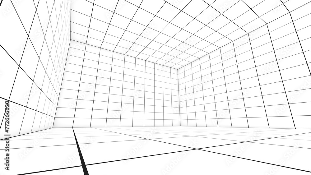 Poster a grid of lines in an empty, white room serves as a visual cue. ,a space with a distance-measuring g