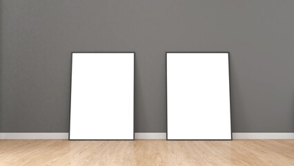 Picture frame mockup on black wall background and wooden floor.,3d rendering