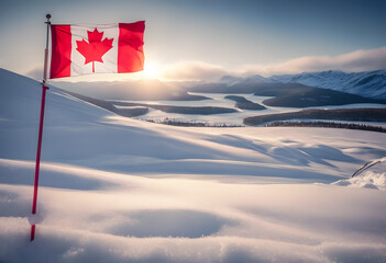 Canadian flag waving against a backdrop of snowy mountains and a sunlit sky. Happy Canada Day.