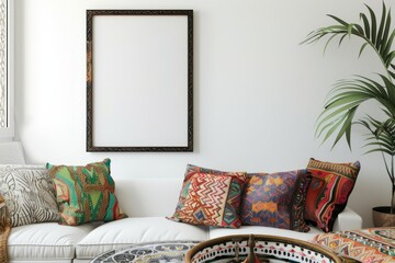 Rectangle picture frame above couch in living room interior design