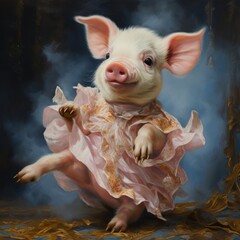 Fantasy illustration of a cute baby pig, dancing   in elegant dress