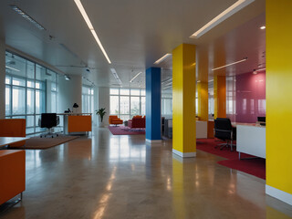 Radiant Workspace, A Vibrant Modern Office Interior Bathed in Bright Light