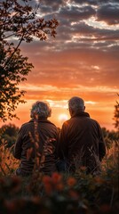 Elderly couple sitting on the grass and looking at the sunset