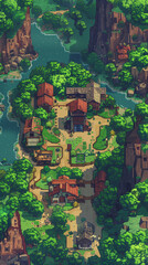 A pixel art village nestled by a winding river, Quaint pixelated hamlet surrounded by forest greenery, Serene pixel landscape with riverside cottages
