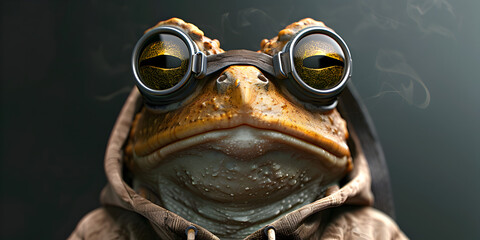 A toad wearing a hoodie and goggles with a leash dark background The Tale of the Toad in a Hoodie and Goggles, Tethered in Darkness - obrazy, fototapety, plakaty