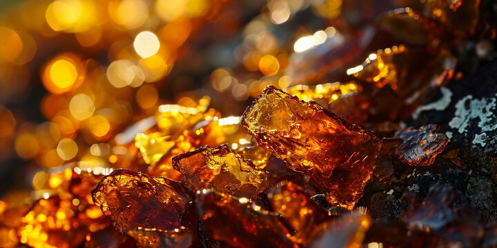 Natural amber texture abstract background. Macro amber. Dark yellow amber stones. Bright warm orange and yellow gold colors in fiery textured autumn background color Beautiful colored pieces of amber