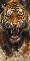 Digital painting of a tiger on canvas. Abstract painting of a tiger.