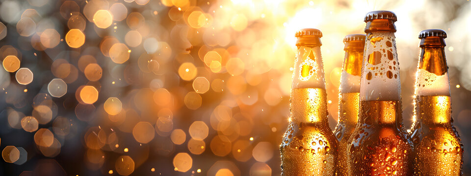 Bottles with beer on blurred background on sunset. Craft beer. Picnic, party, beer festival. Brewing. International beer day. Oktoberfest